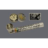 Dárkový SET, skleněná fajka-kovový kotlík, kovová drtička, sítka